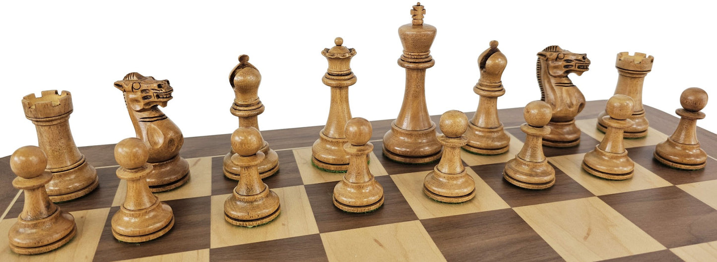 4 QNS Black / Antiqued 3 3/4" Anderssen Staunton Wood Chess Set 19" Walnut Board