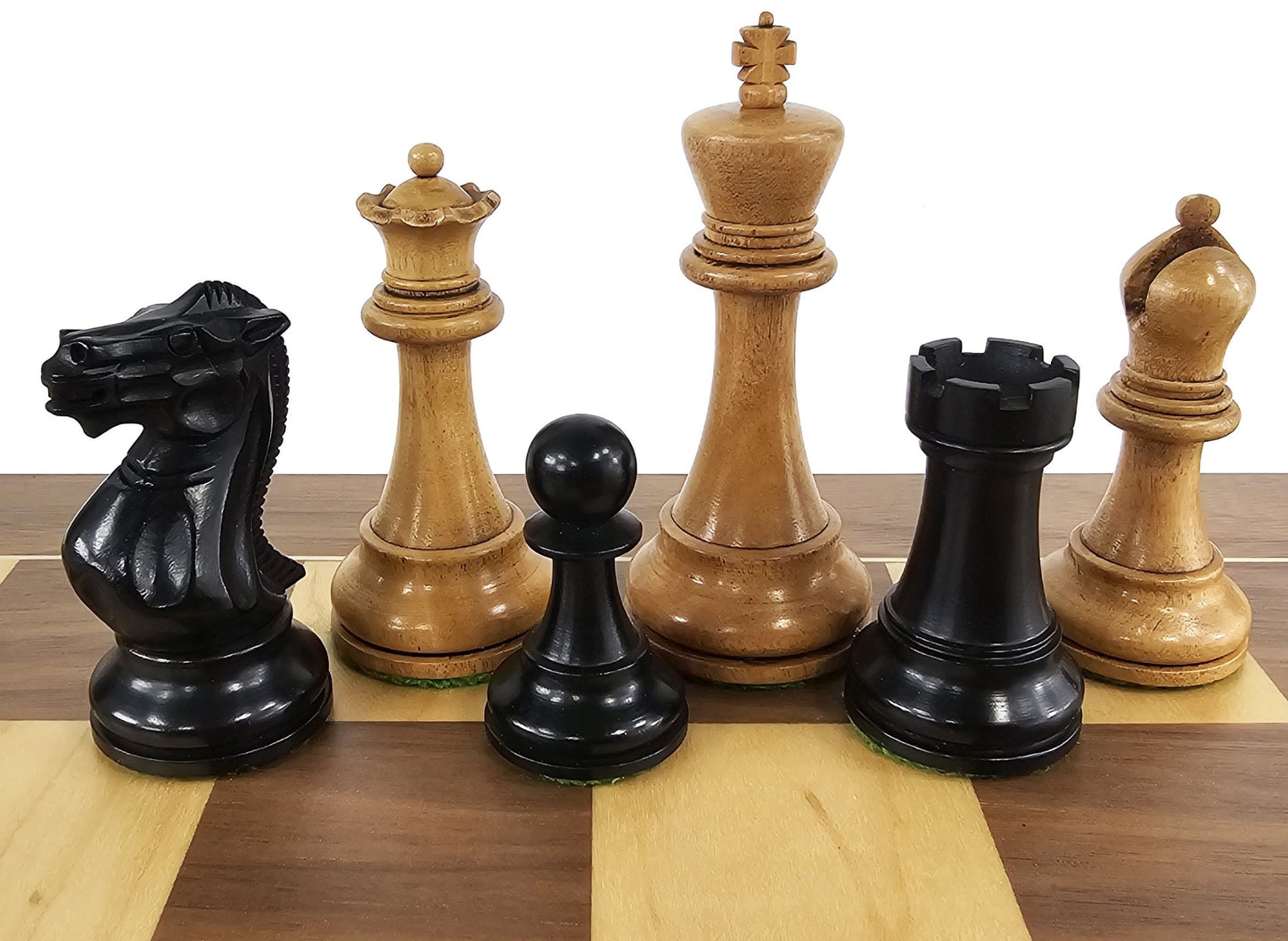 4 QNS Black / Antiqued 3 3/4" Anderssen Staunton Wood Chess Set 19" Walnut Board