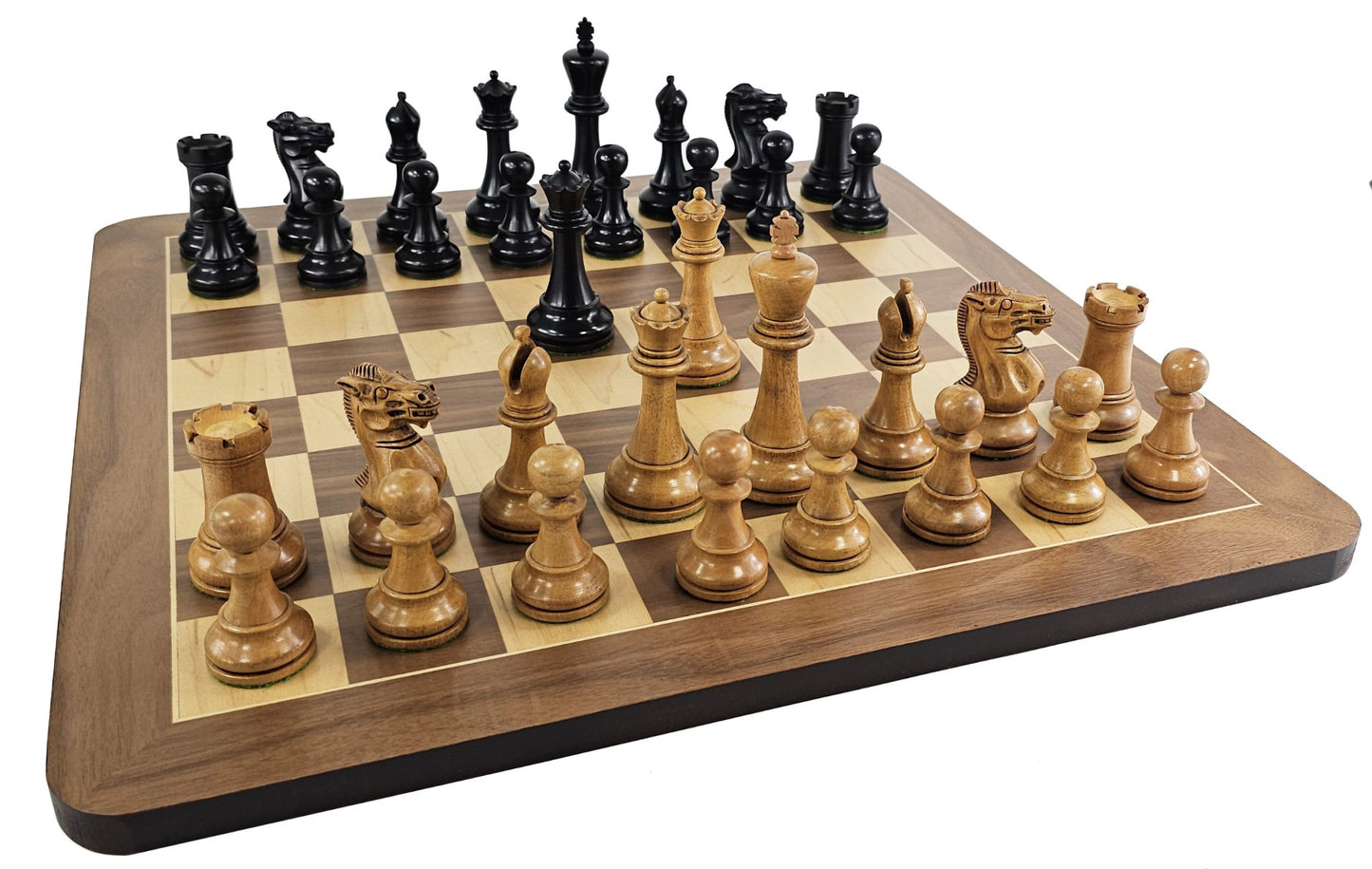 Large Black / Antiqued 4 5/8" Anderssen Staunton Wood Chess Set W/ Walnut Board