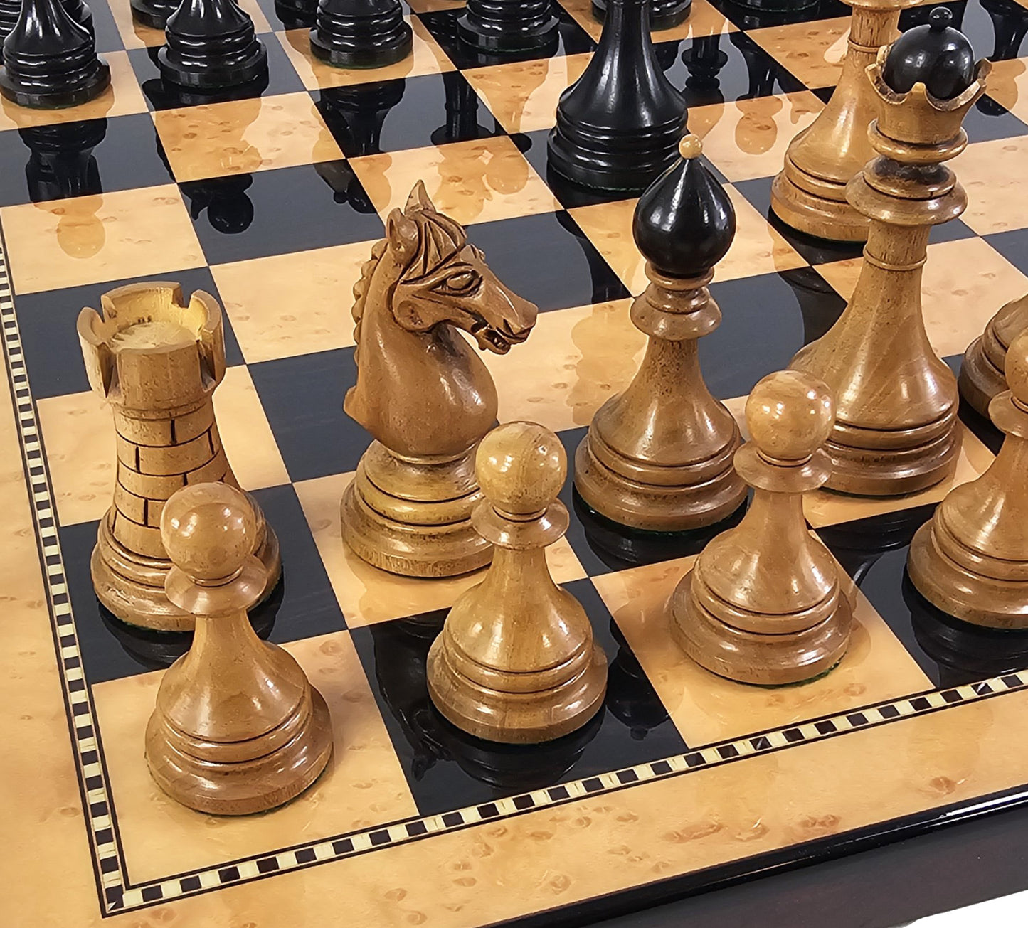 Ebony Black /Distress Ceska Staunton Wood Chess Set Large 18" Walnut Color Board