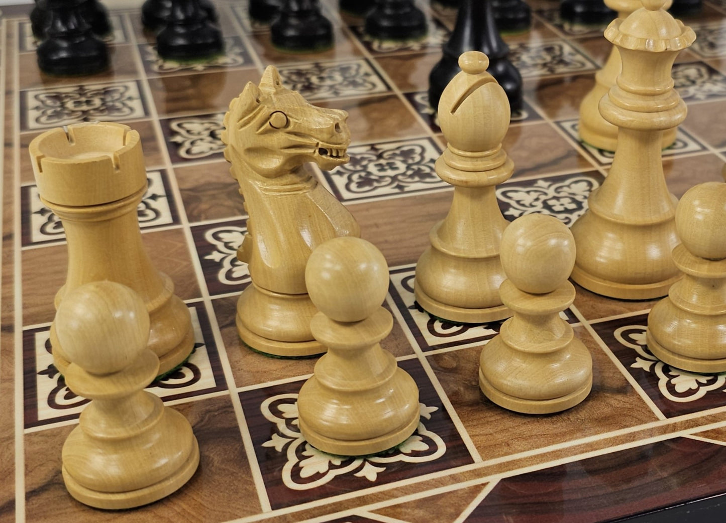 Black Supreme Knight 3 3/4 Kg Staunton Wood Chess Set 16.5" Burlwood Color Board