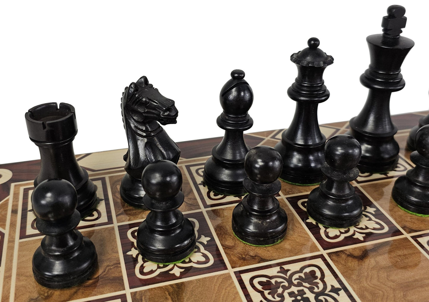 Black Supreme Knight 3 3/4 Kg Staunton Wood Chess Set 16.5" Burlwood Color Board