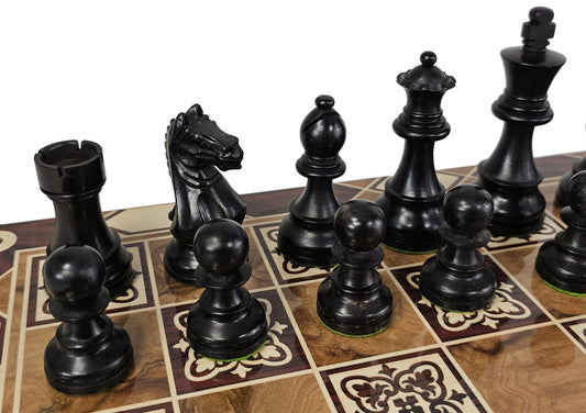 Black Supreme Knight 3 3/4 Kg Staunton Wood Chess Set 16.5" Burlwood Color Board