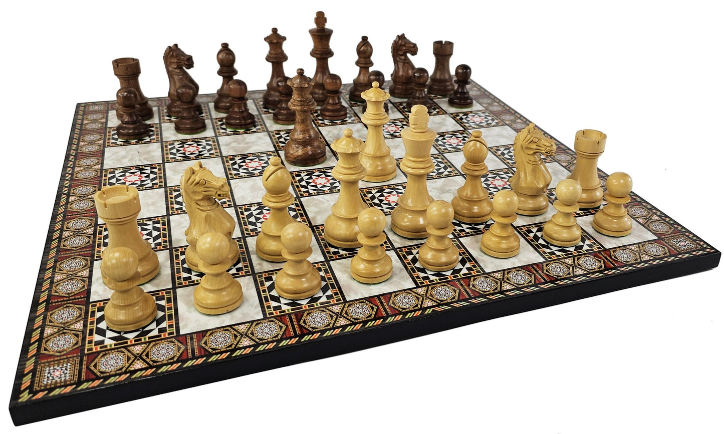ACACIA Boxwood Supreme 3 3/4 Kg Staunton Wood Chess Set 16.5" Mosaic Color Board