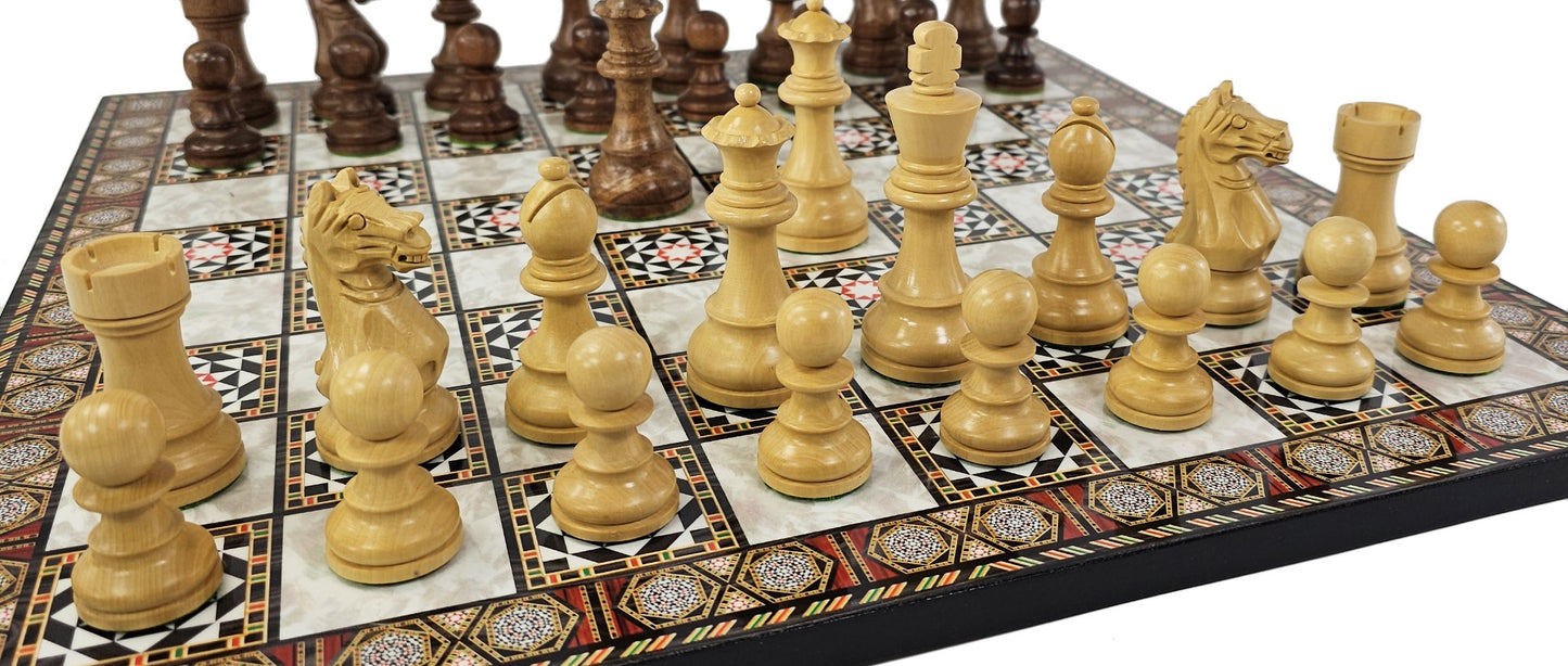 ACACIA Boxwood Supreme 3 3/4 Kg Staunton Wood Chess Set 16.5" Mosaic Color Board