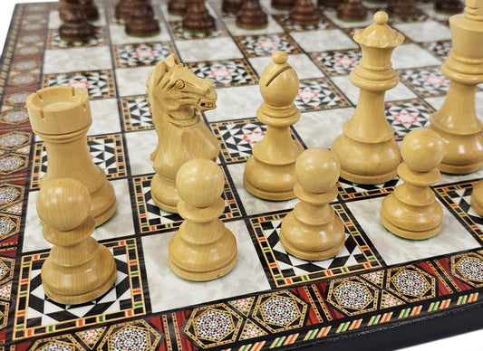 ACACIA Boxwood Supreme 3 3/4 Kg Staunton Wood Chess Set 16.5" Mosaic Color Board
