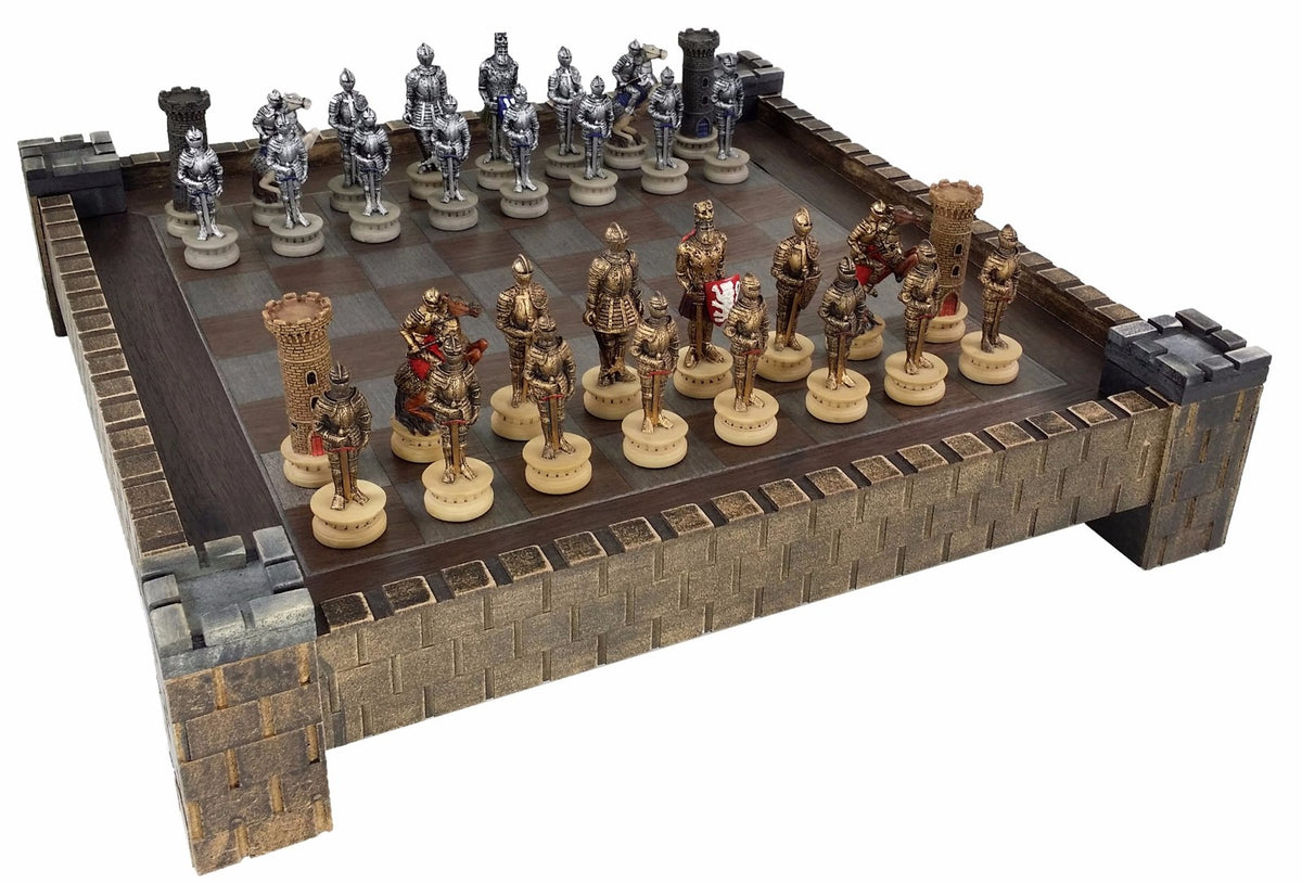 Medieval Times Crusades Warrior Knight Gold & Silver Chess Set W/ Castle Board
