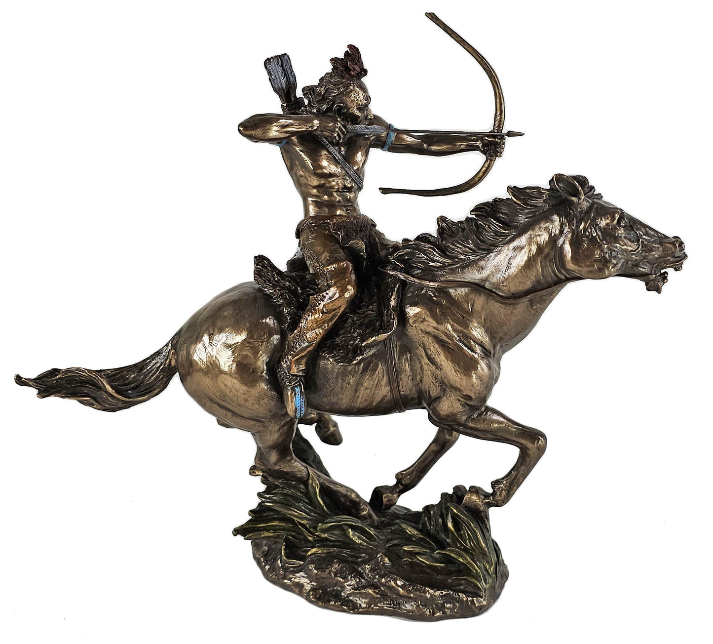 12" Mohican Indian Warrior on Horse Shooting Arrow Statue Bronze Color