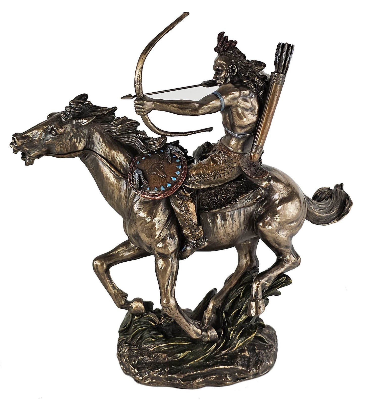 12" Mohican Indian Warrior on Horse Shooting Arrow Statue Bronze Color