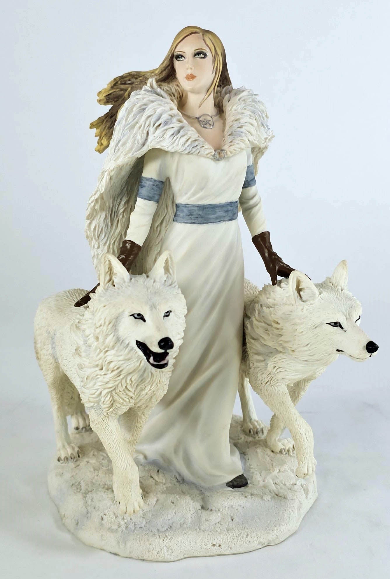 9" Anne Stokes Winter Guardians Snow Wolves and Mistress Statue Hand Painted