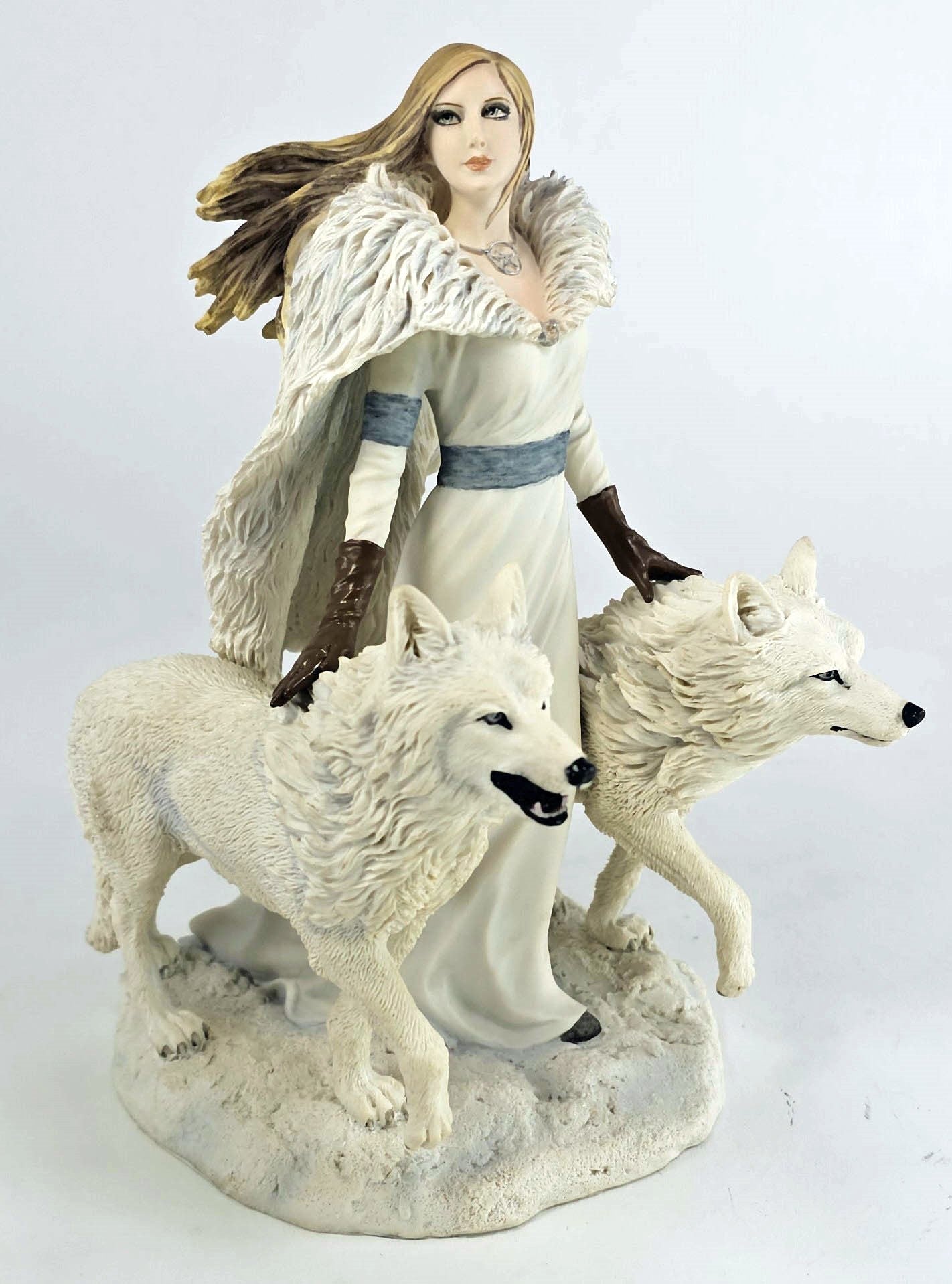 9" Anne Stokes Winter Guardians Snow Wolves and Mistress Statue Hand Painted