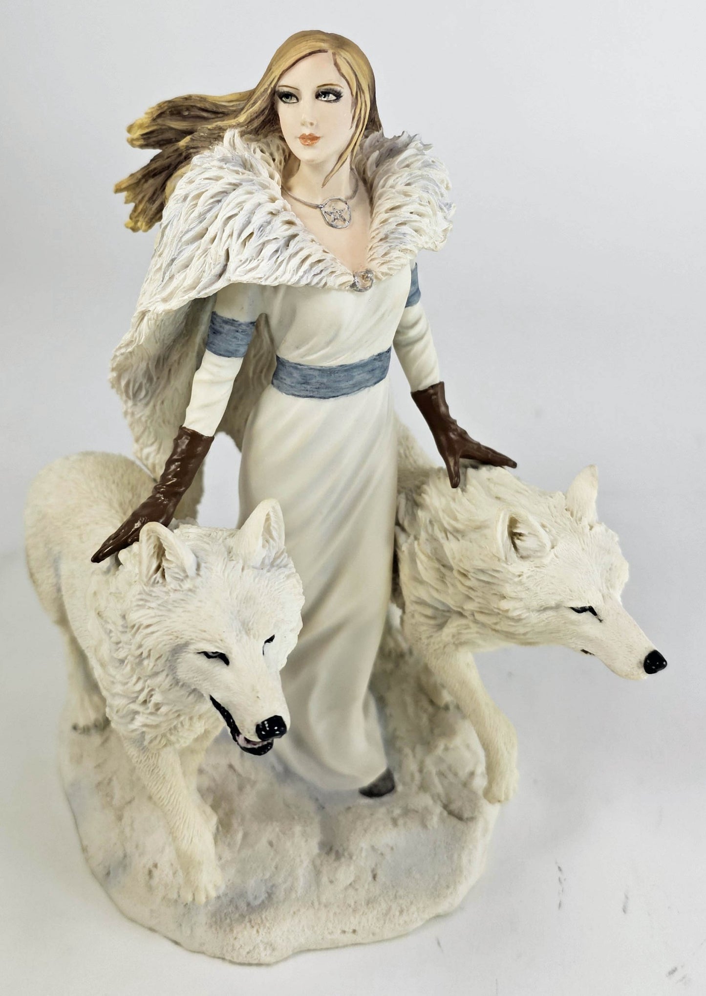 9" Anne Stokes Winter Guardians Snow Wolves and Mistress Statue Hand Painted
