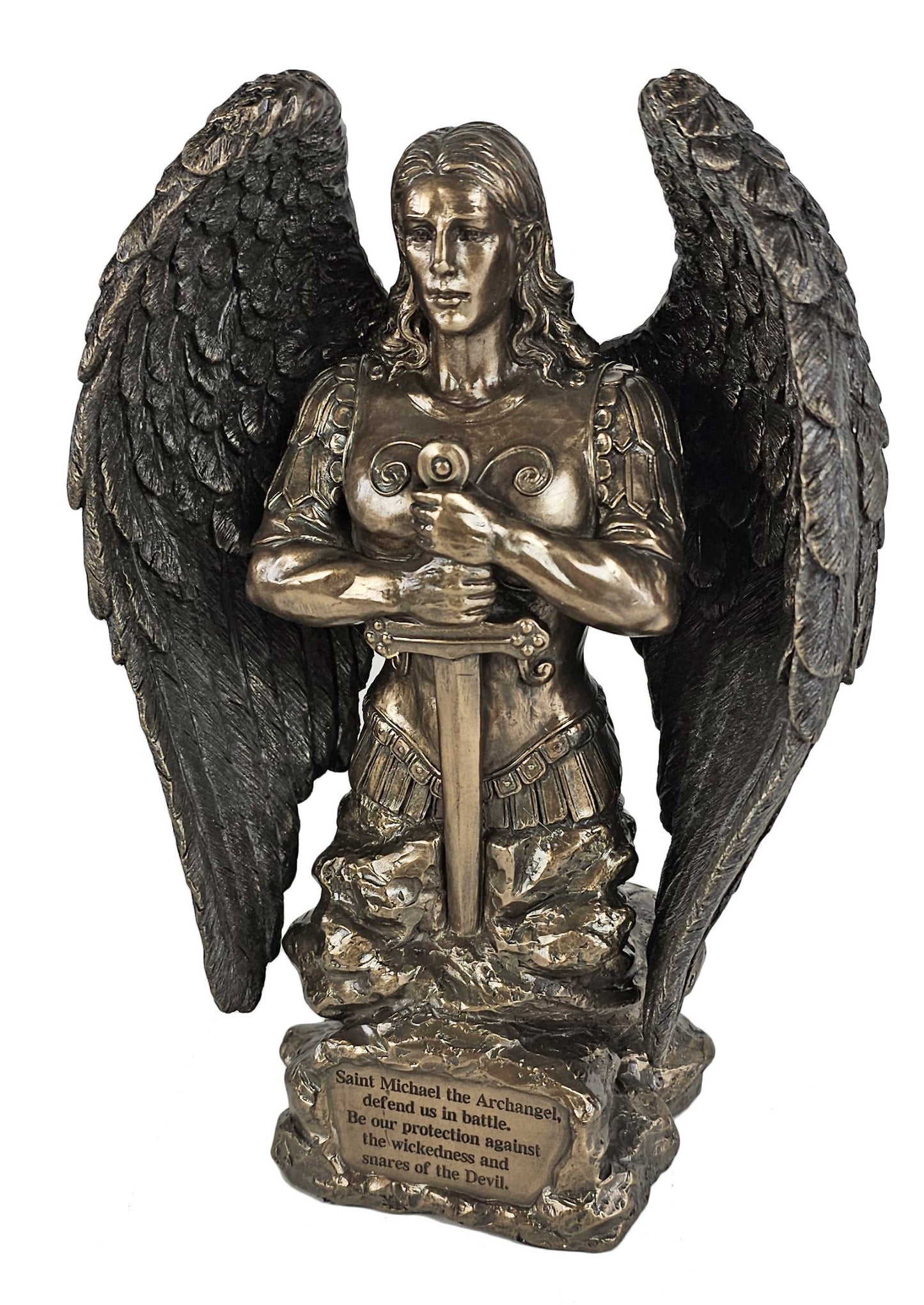 9" Saint Michael Archangel Prayer Monument Statue Antique Bronze Color Angel