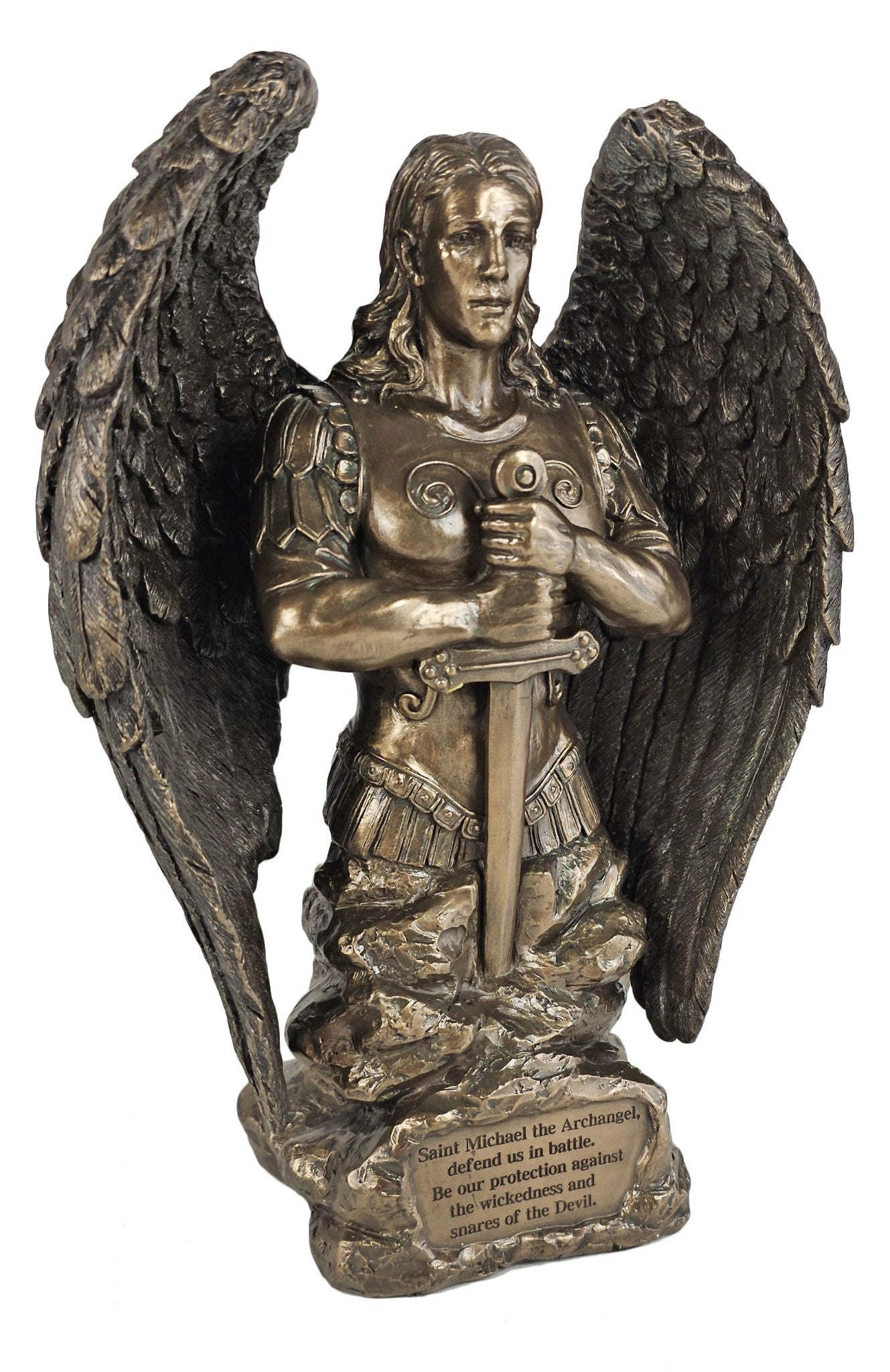 9" Saint Michael Archangel Prayer Monument Statue Antique Bronze Color Angel