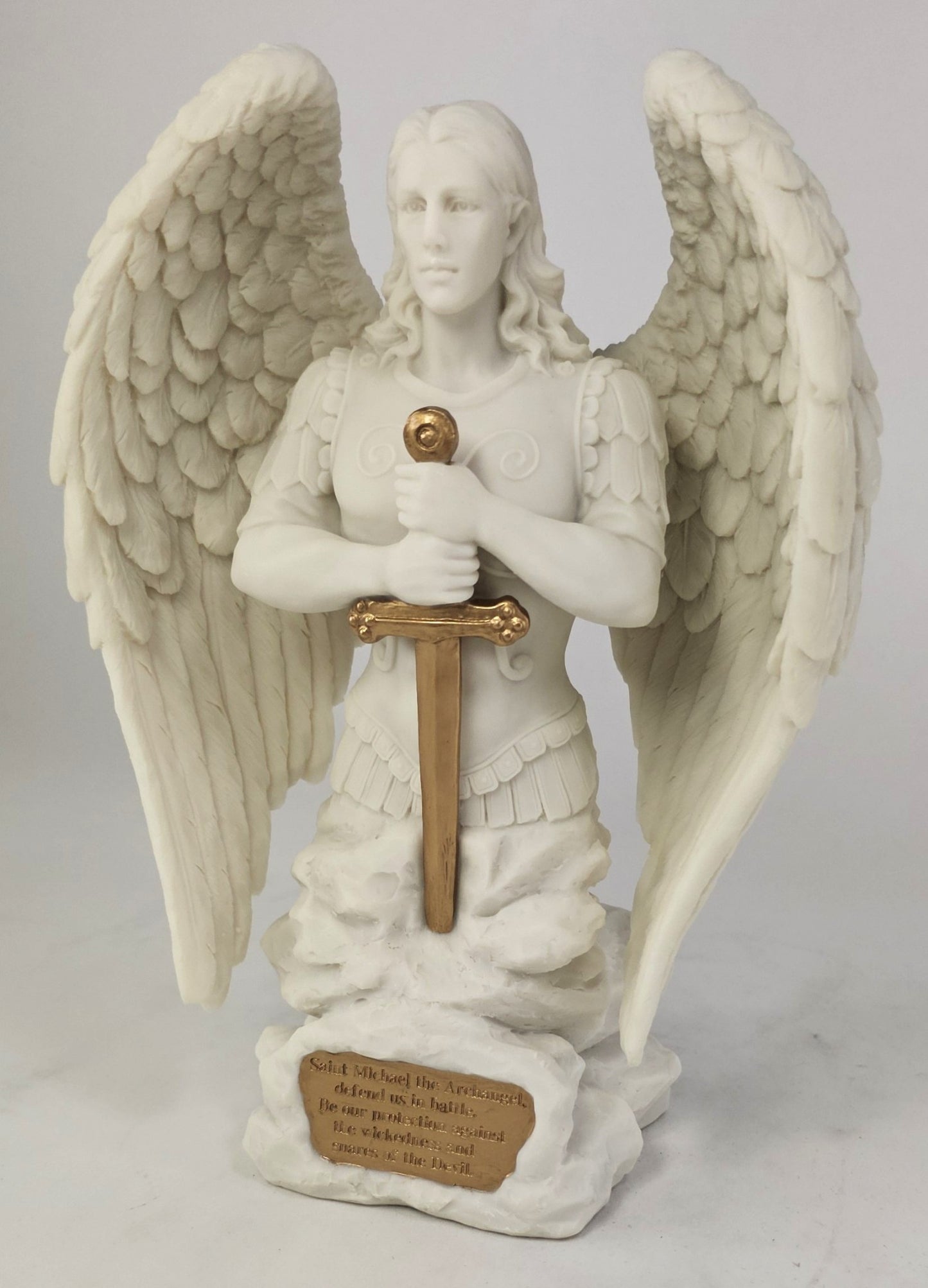 9" Saint Michael Archangel Prayer Monument Statue White Marble Finish Angel