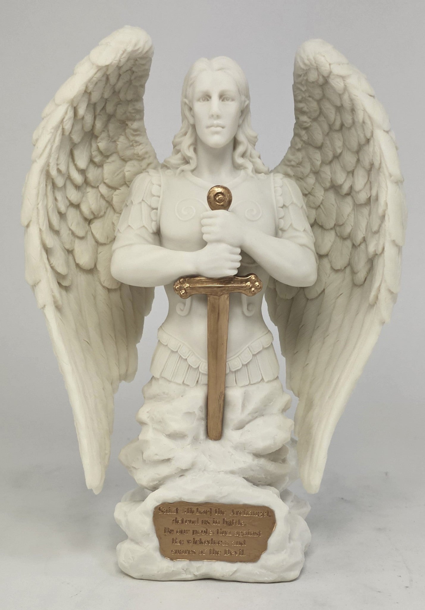 9" Saint Michael Archangel Prayer Monument Statue White Marble Finish Angel