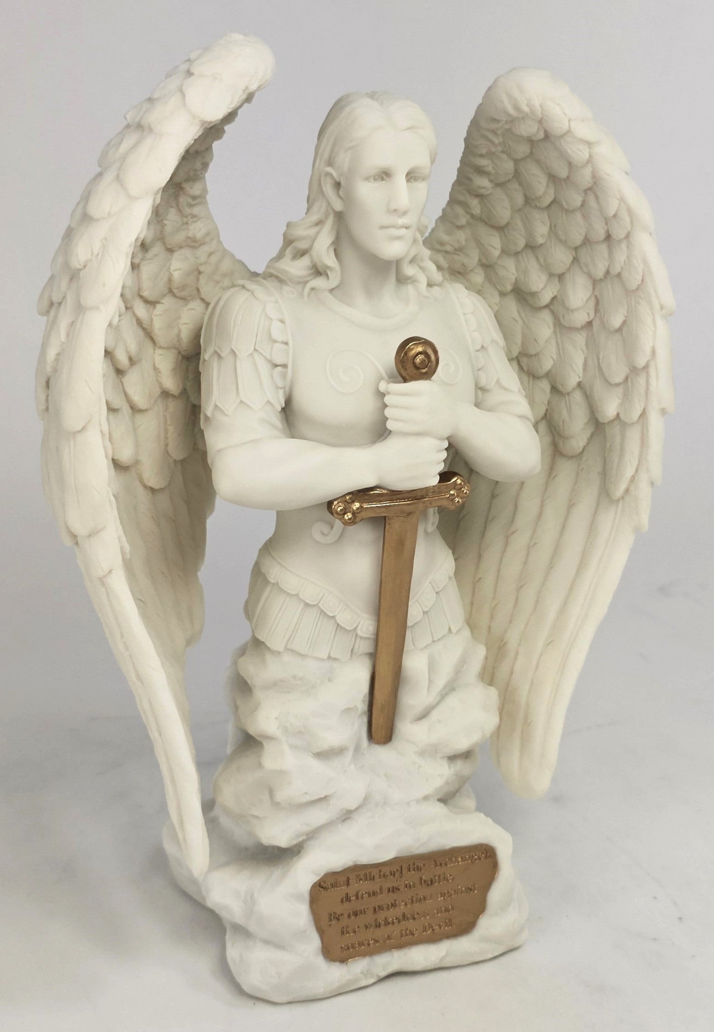 9" Saint Michael Archangel Prayer Monument Statue White Marble Finish Angel