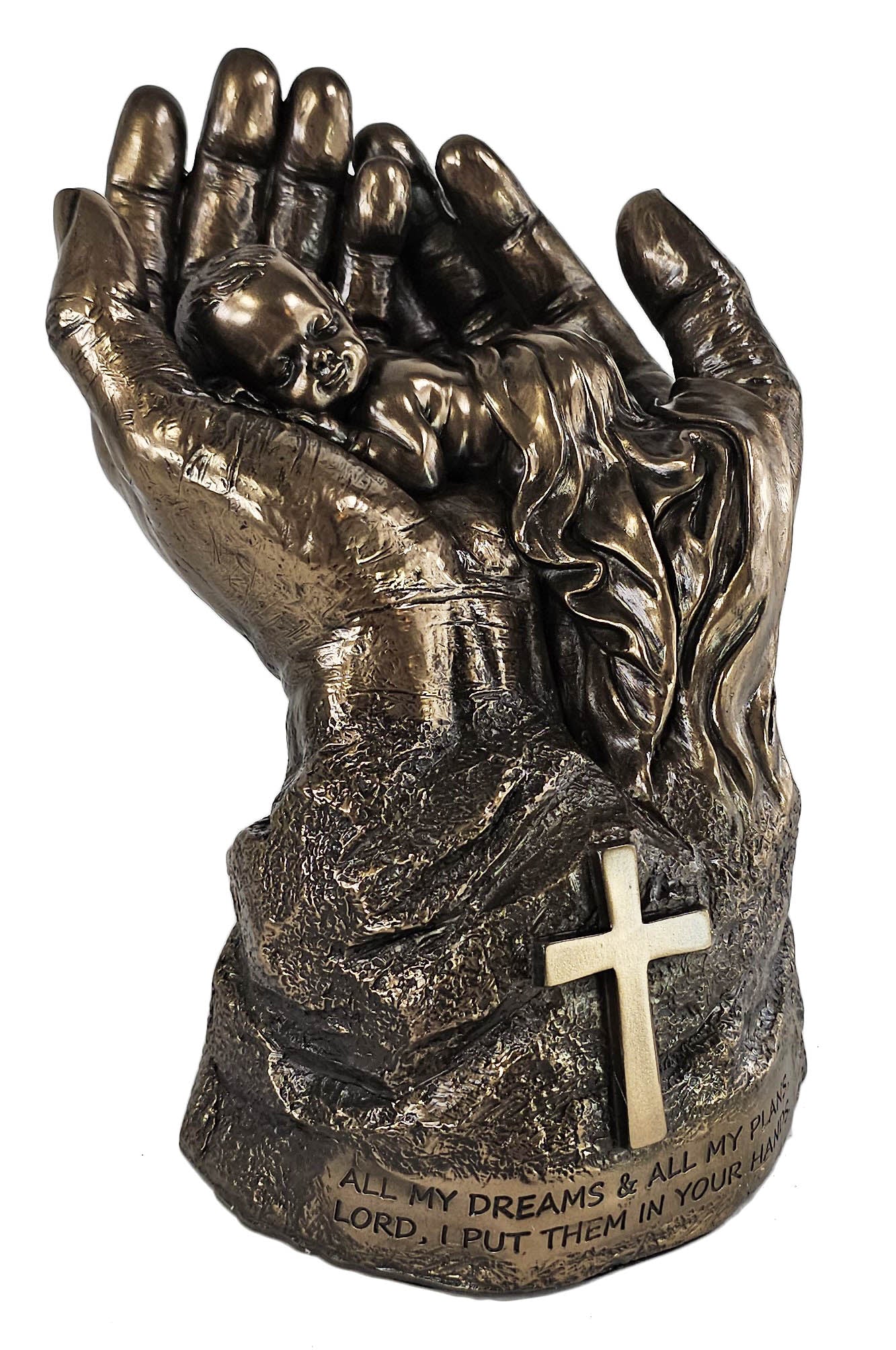 8 1/4" Baby in Lords Hands Religious Jesus Statue Antique Bronze Color