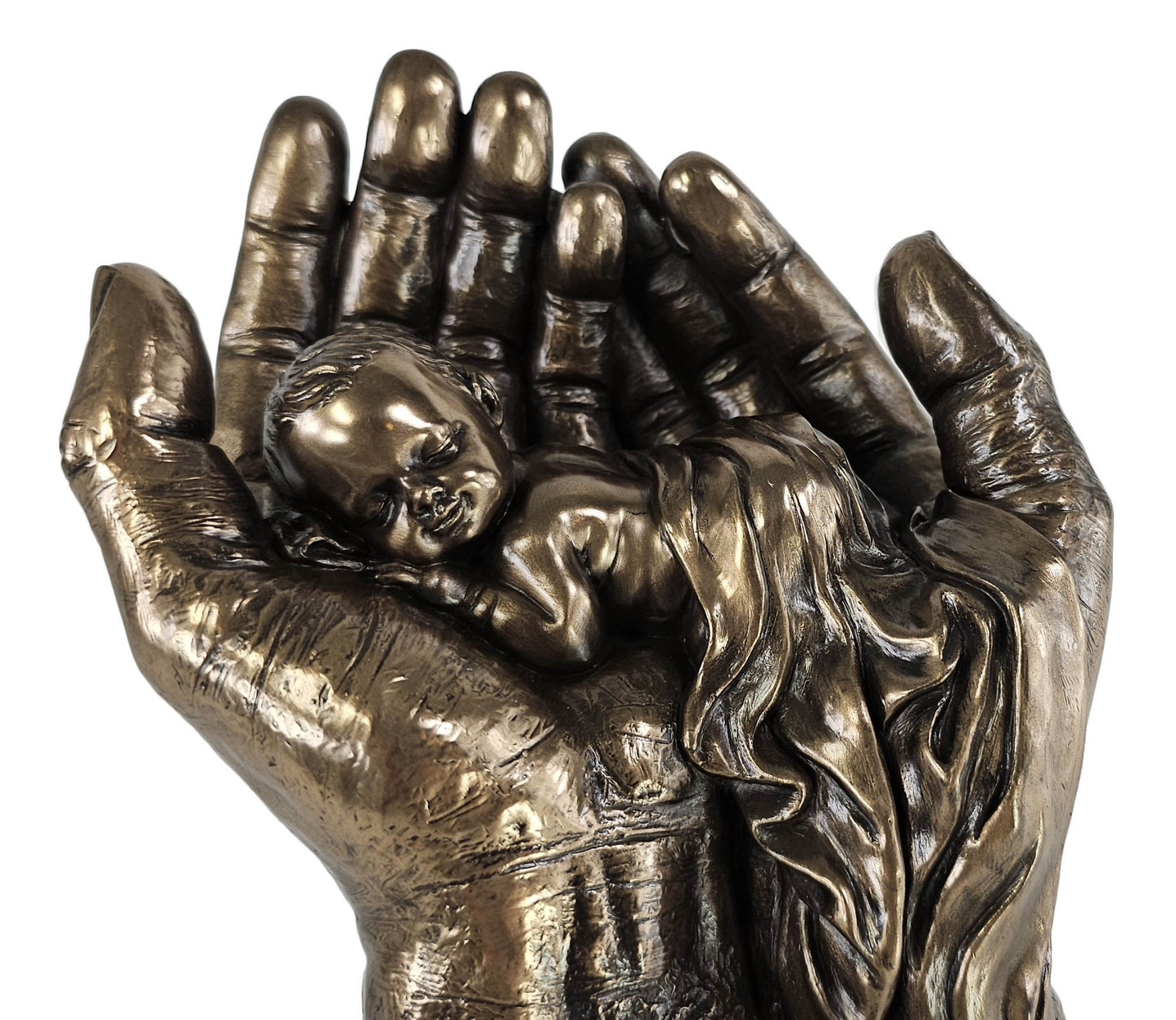 8 1/4" Baby in Lords Hands Religious Jesus Statue Antique Bronze Color