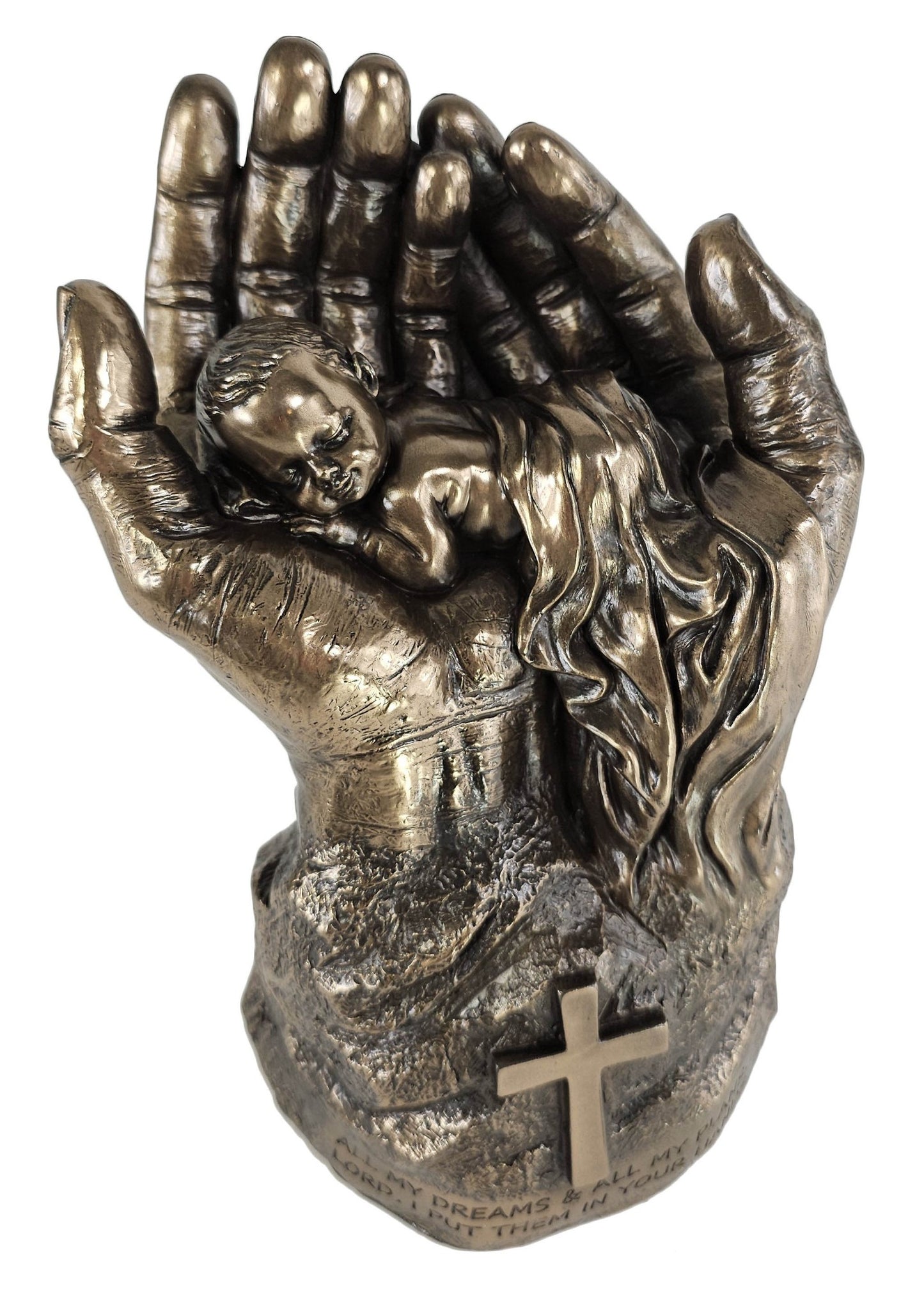 8 1/4" Baby in Lords Hands Religious Jesus Statue Antique Bronze Color
