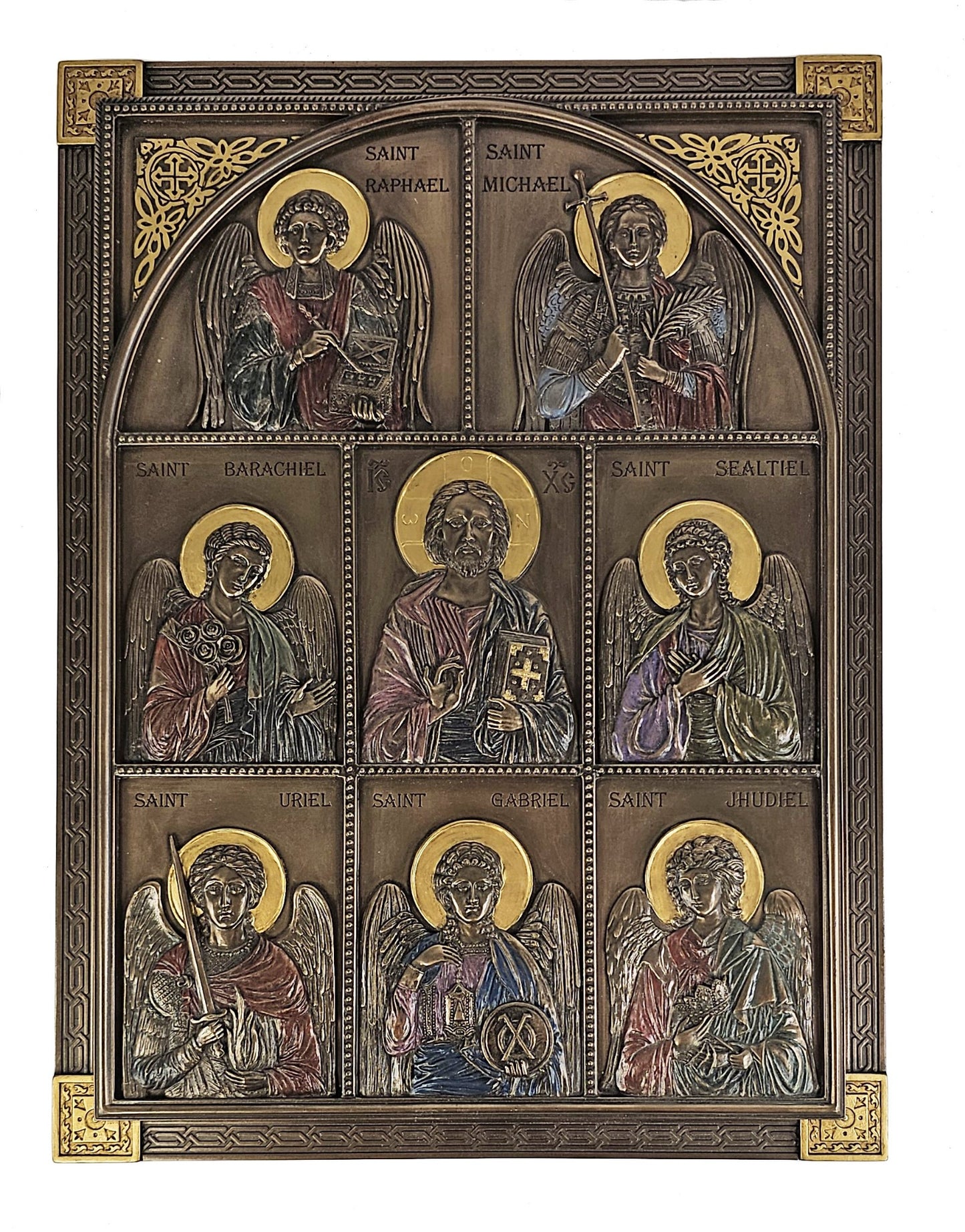 12" Jesus and the 7 Archangels Michael Gabriel Uriel .. Wall Plaque Bronze Color
