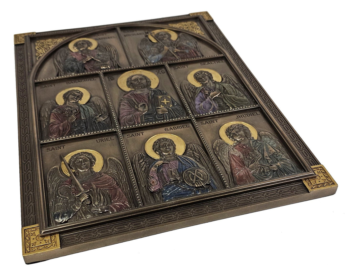 12" Jesus and the 7 Archangels Michael Gabriel Uriel .. Wall Plaque Bronze Color