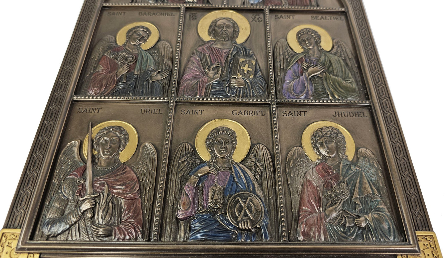 12" Jesus and the 7 Archangels Michael Gabriel Uriel .. Wall Plaque Bronze Color