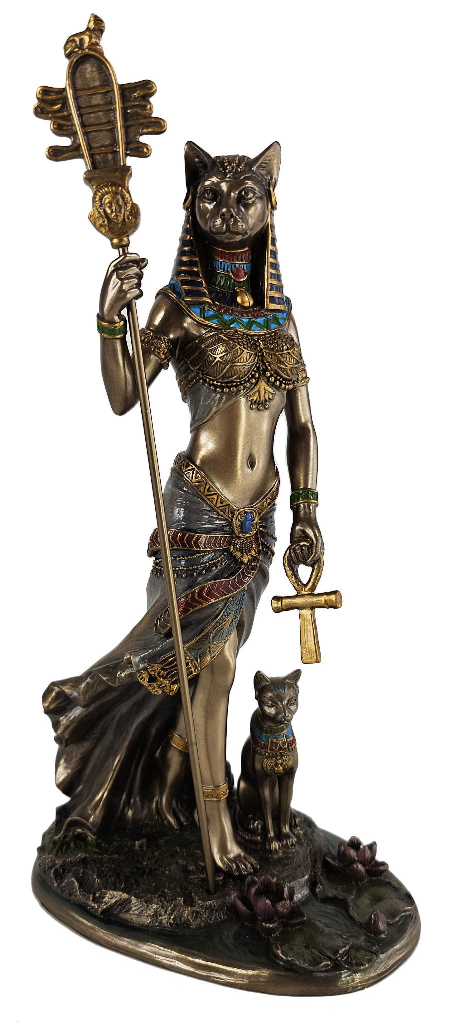 10 3/4" Egyptian Cat Goddess Bastet Holding Sistrum Statue Antique Bronze Color
