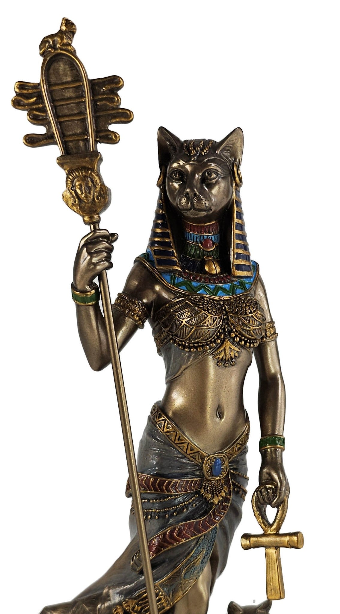 10 3/4" Egyptian Cat Goddess Bastet Holding Sistrum Statue Antique Bronze Color
