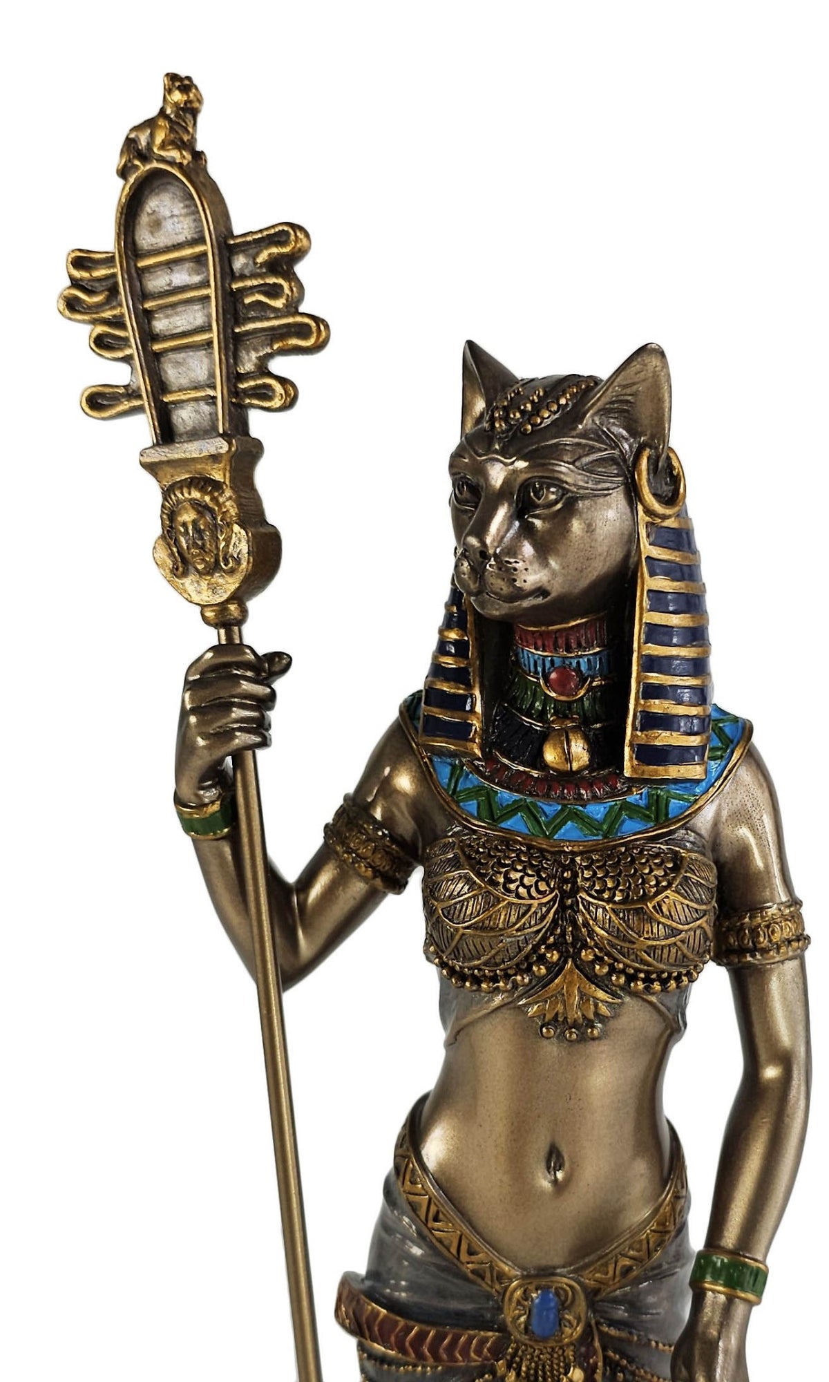 10 3/4" Egyptian Cat Goddess Bastet Holding Sistrum Statue Antique Bronze Color