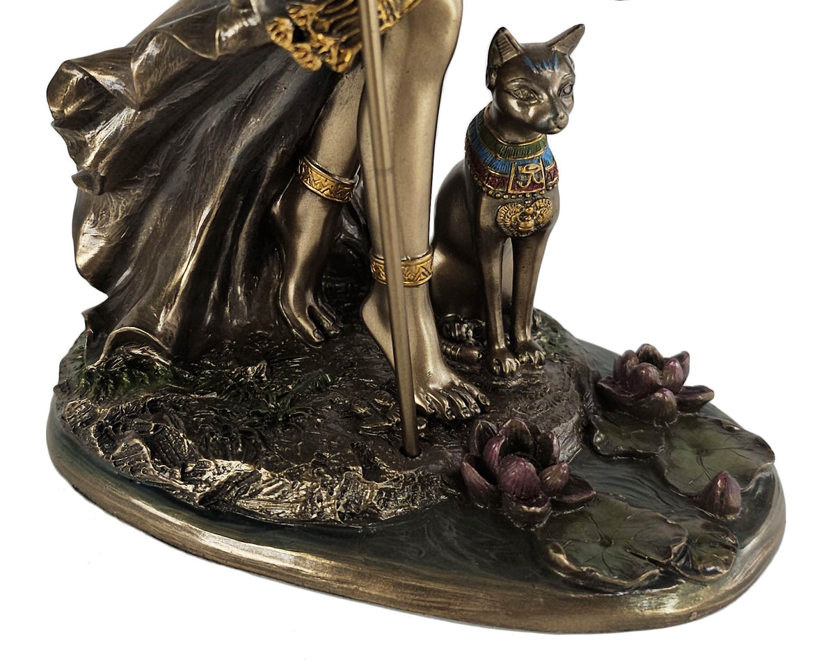 10 3/4" Egyptian Cat Goddess Bastet Holding Sistrum Statue Antique Bronze Color