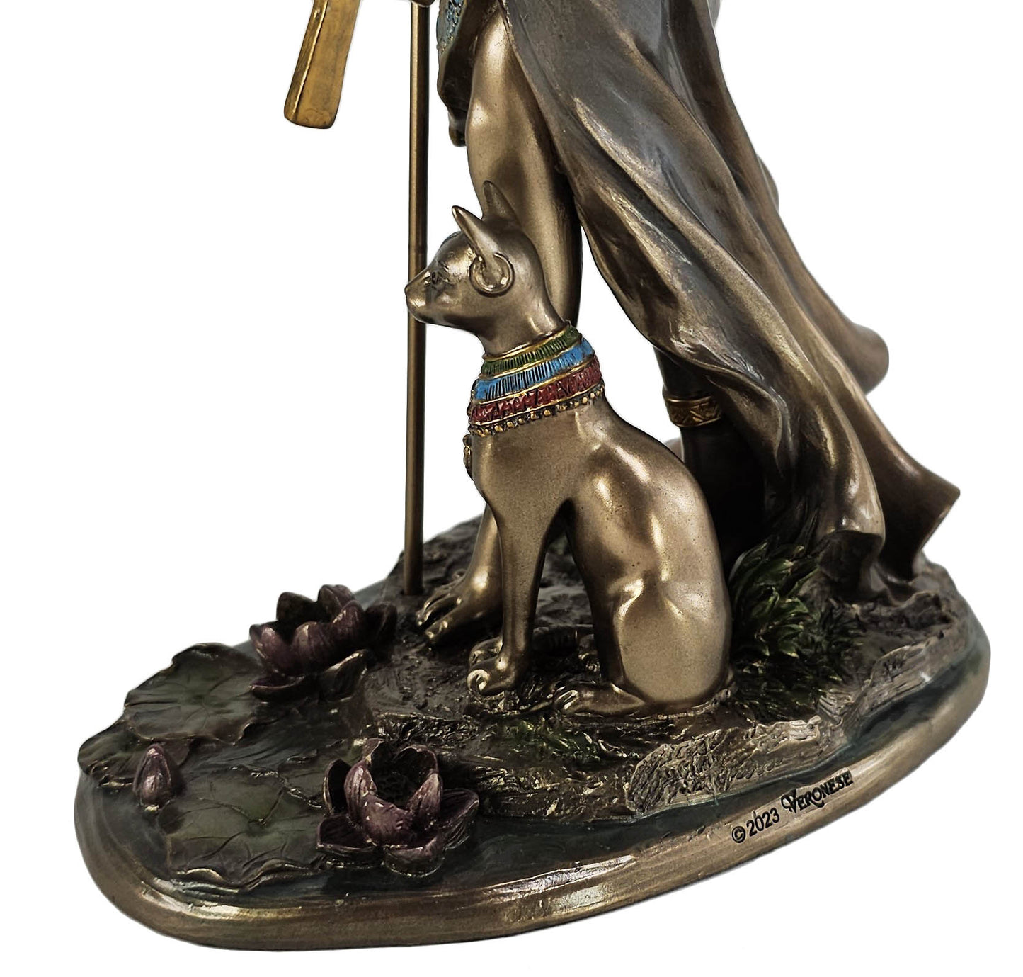 10 3/4" Egyptian Cat Goddess Bastet Holding Sistrum Statue Antique Bronze Color