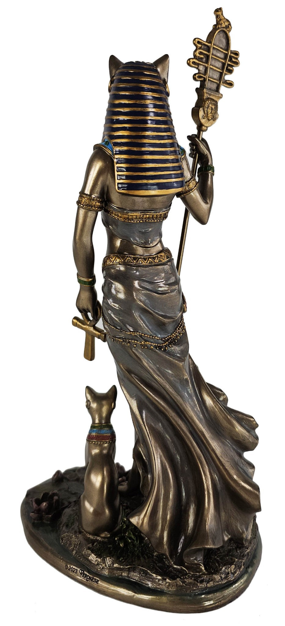 10 3/4" Egyptian Cat Goddess Bastet Holding Sistrum Statue Antique Bronze Color
