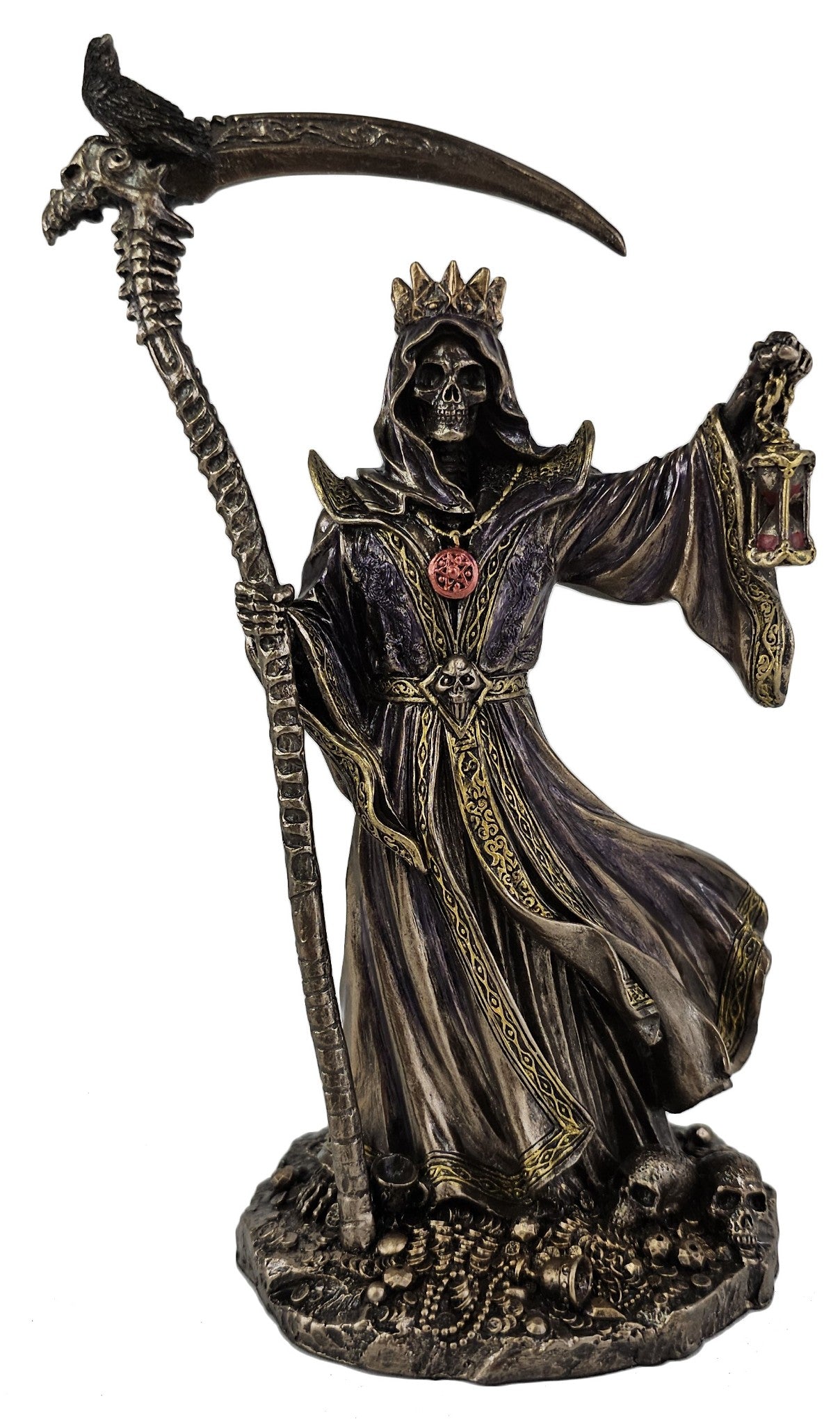 8 1/4" Crowned Skeleton Reaper Holding Scythe and Hourglass Statue Bronze Color