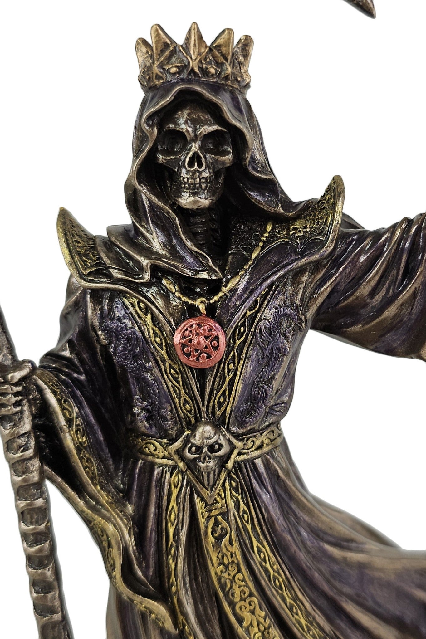 8 1/4" Crowned Skeleton Reaper Holding Scythe and Hourglass Statue Bronze Color