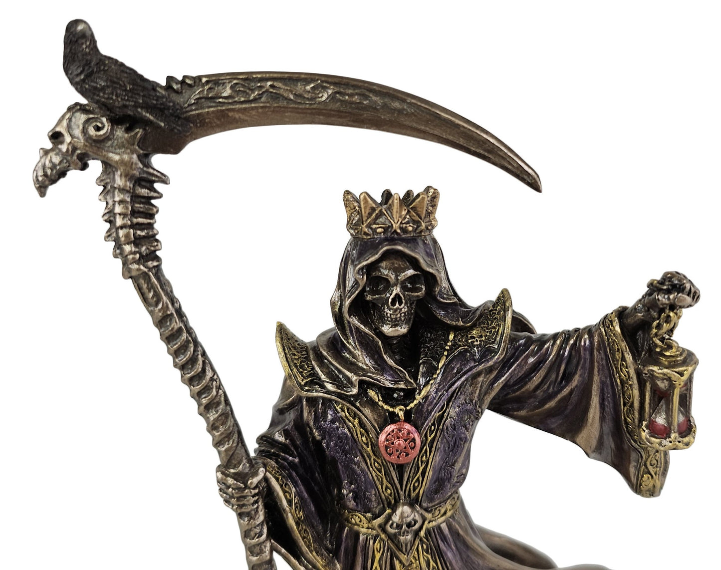 8 1/4" Crowned Skeleton Reaper Holding Scythe and Hourglass Statue Bronze Color