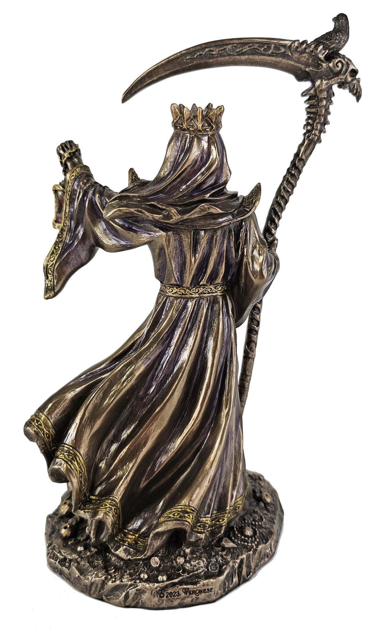 8 1/4" Crowned Skeleton Reaper Holding Scythe and Hourglass Statue Bronze Color