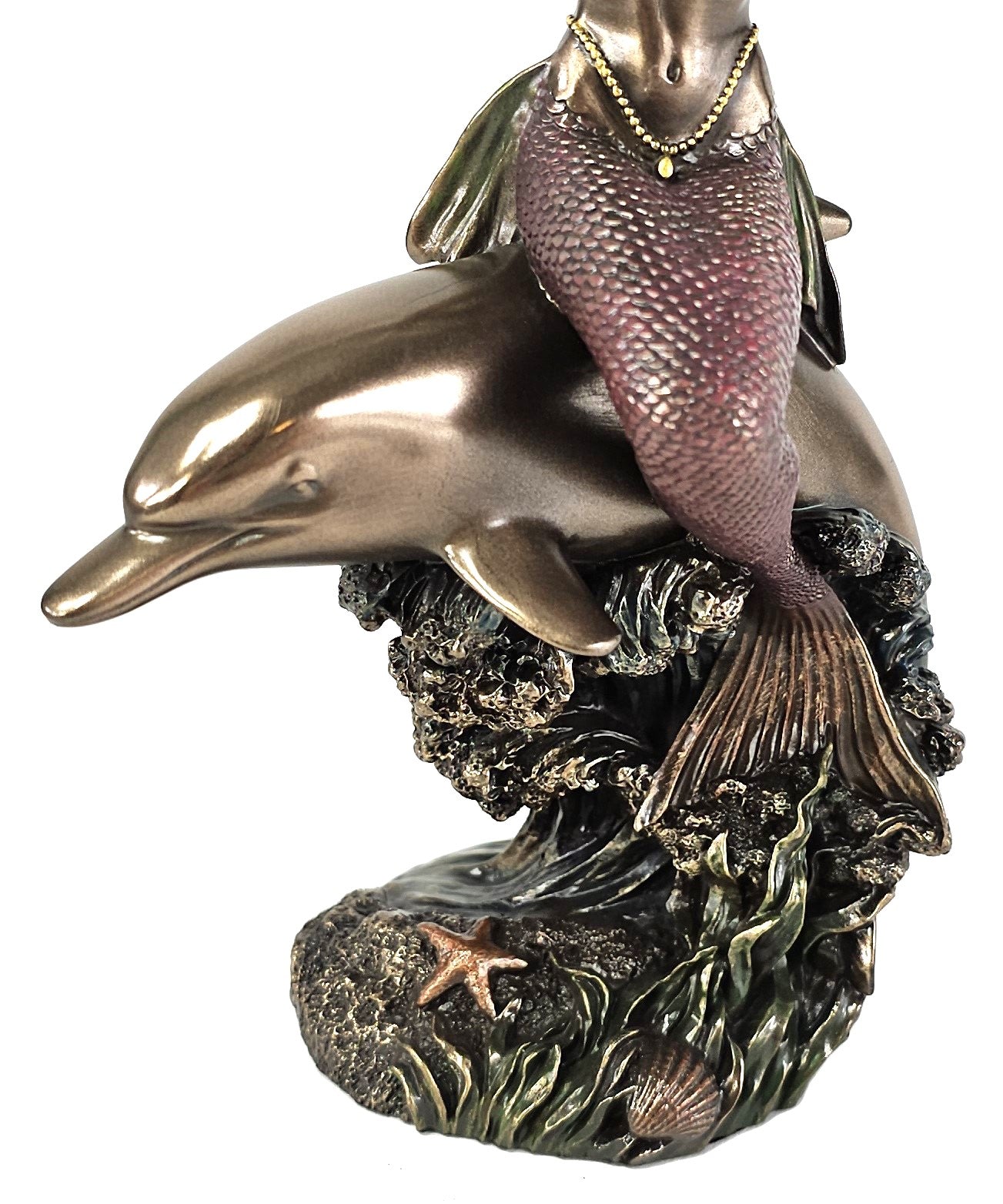 8" Mermaid Sitting on Dolphin Blowing Conch Nautical Fantasy Statue Bronze Color