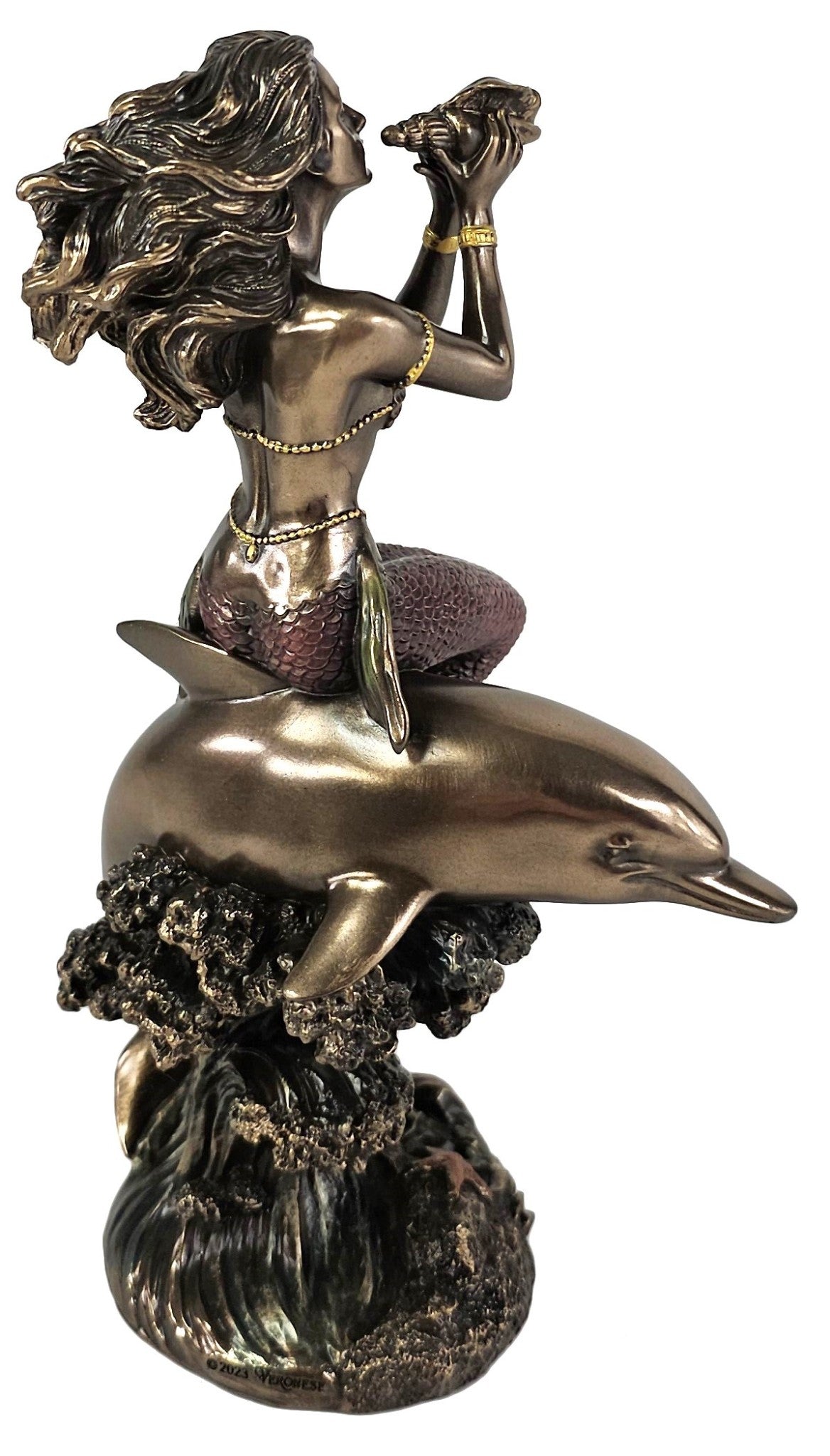 8" Mermaid Sitting on Dolphin Blowing Conch Nautical Fantasy Statue Bronze Color