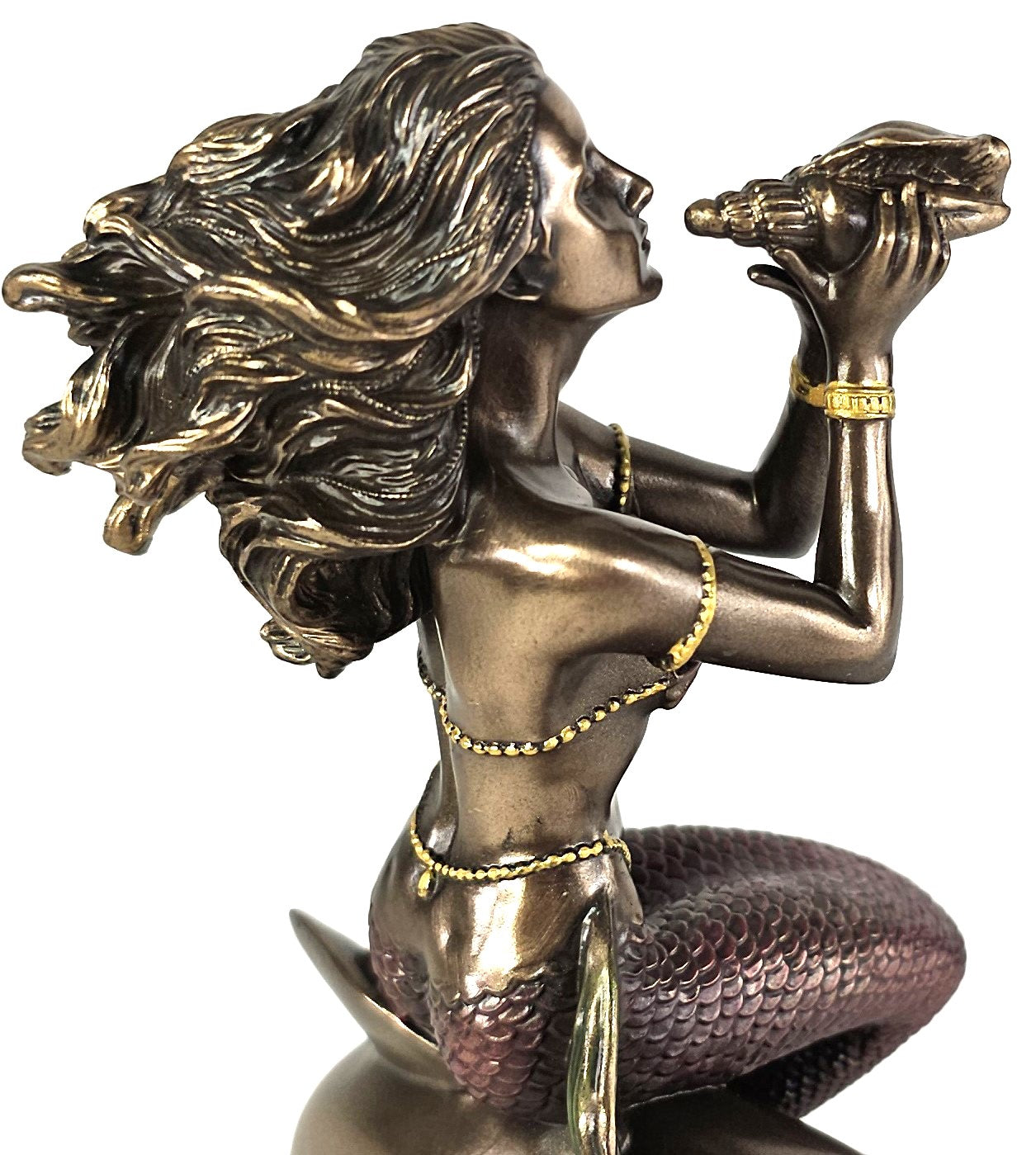8" Mermaid Sitting on Dolphin Blowing Conch Nautical Fantasy Statue Bronze Color