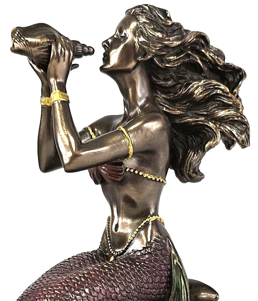 8" Mermaid Sitting on Dolphin Blowing Conch Nautical Fantasy Statue Bronze Color
