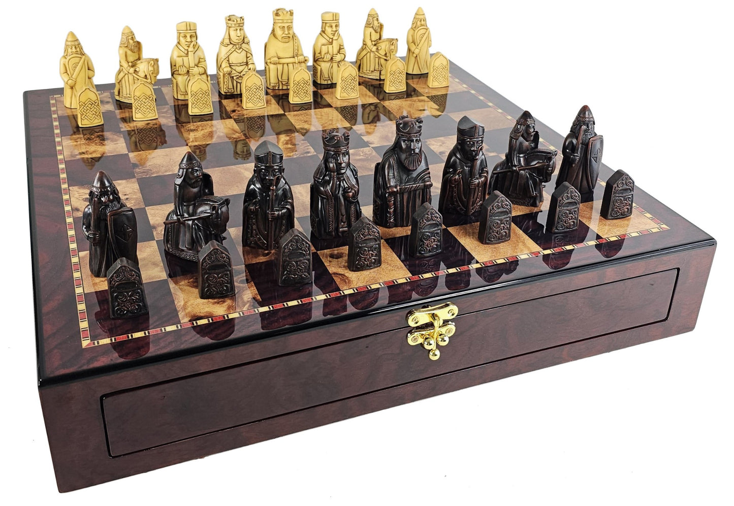 Large Isle of Lewis Brown Medieval Chess Set 20" Cherry Color Storage Board