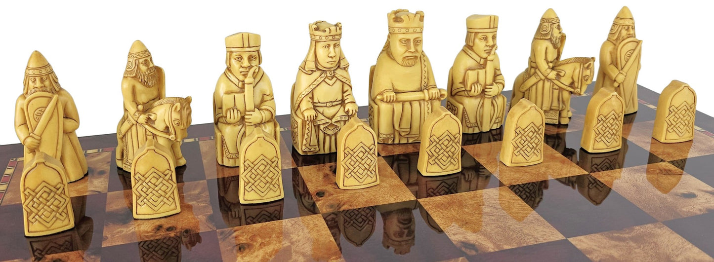 Large Isle of Lewis Brown Medieval Chess Set 20" Cherry Color Storage Board