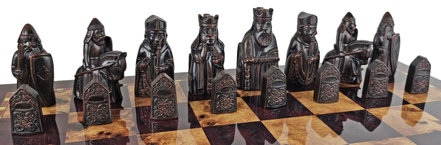 Large Isle of Lewis Brown Medieval Chess Set 20" Cherry Color Storage Board