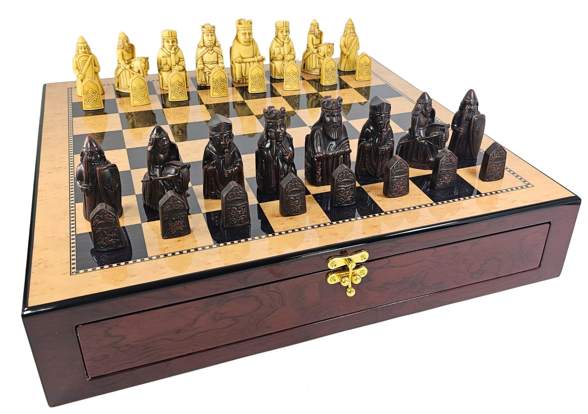 Large Isle of Lewis Brown Medieval Chess Set 20" Walnut Color Storage Board