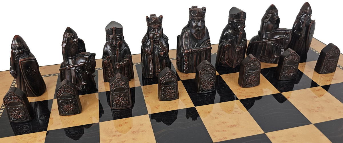 Large Isle of Lewis Brown Medieval Chess Set 20" Walnut Color Storage Board
