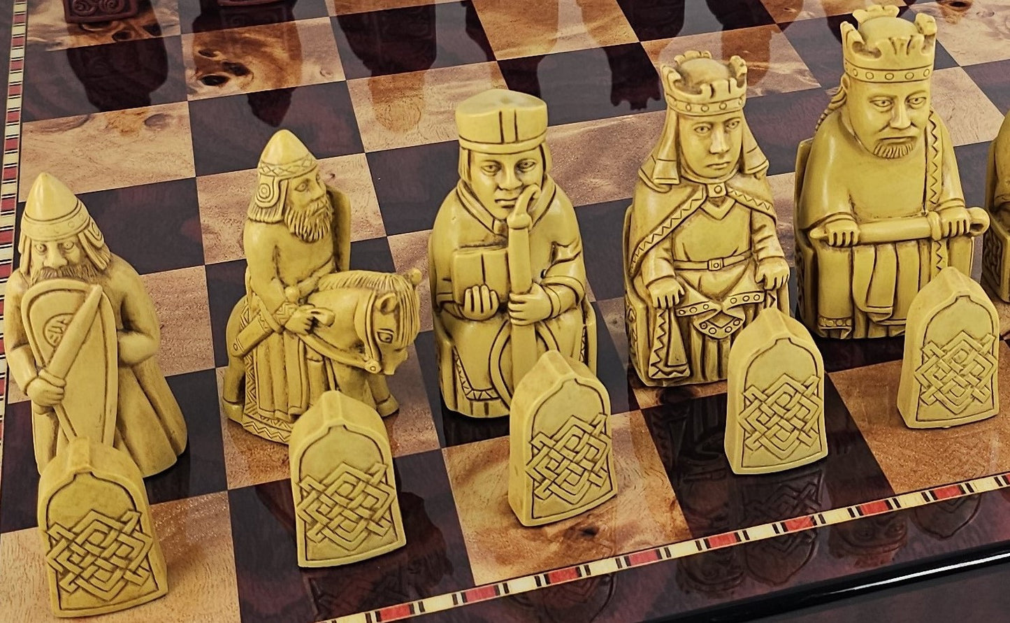Large Isle of Lewis RED Chess Set 3 1/4" King with 18" Cherry Color Board
