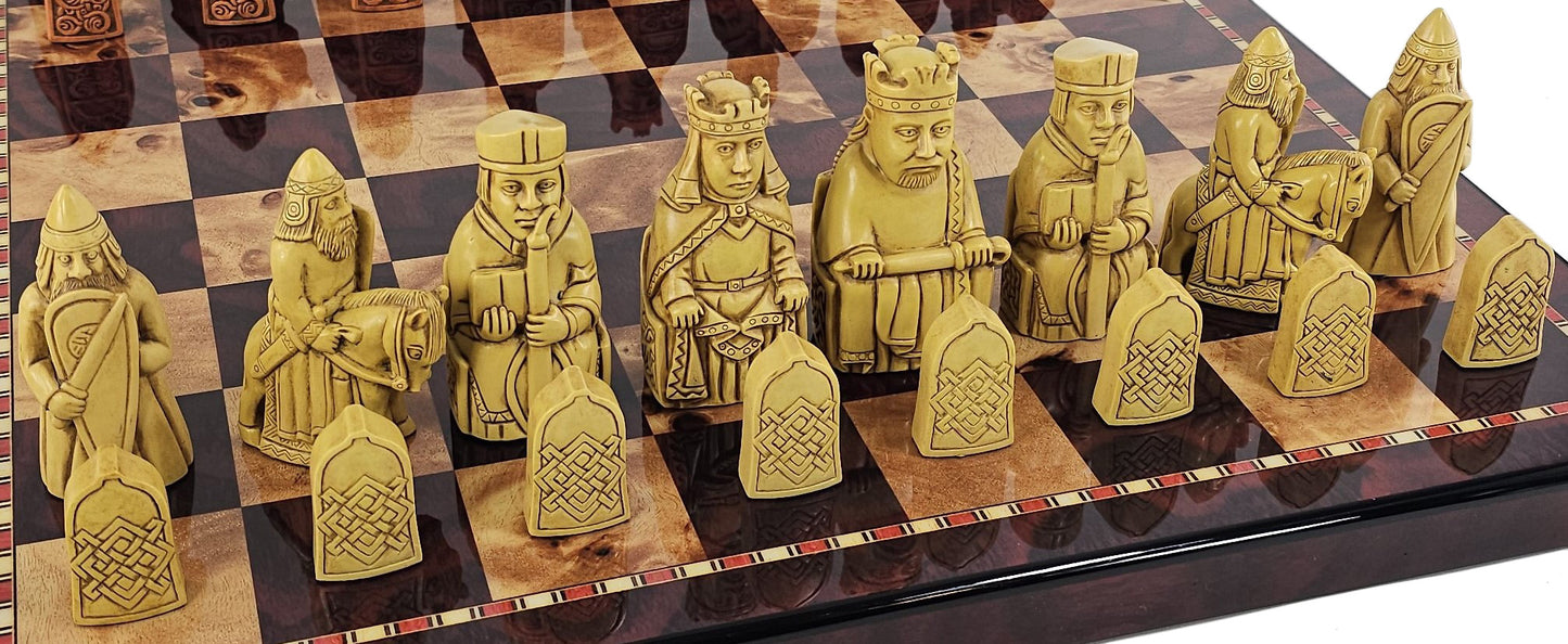 Large Isle of Lewis RUST Chess Set 3 1/4" King with 18" Cherry Color Board