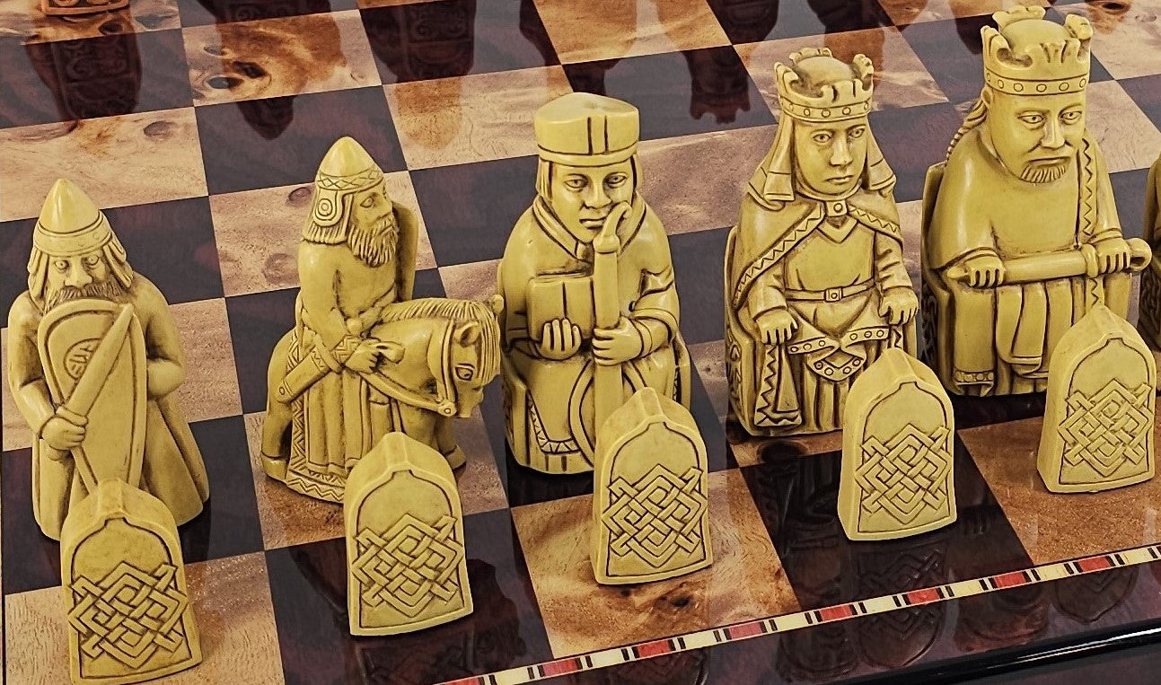 Large Isle of Lewis RUST Chess Set 3 1/4" King with 18" Cherry Color Board