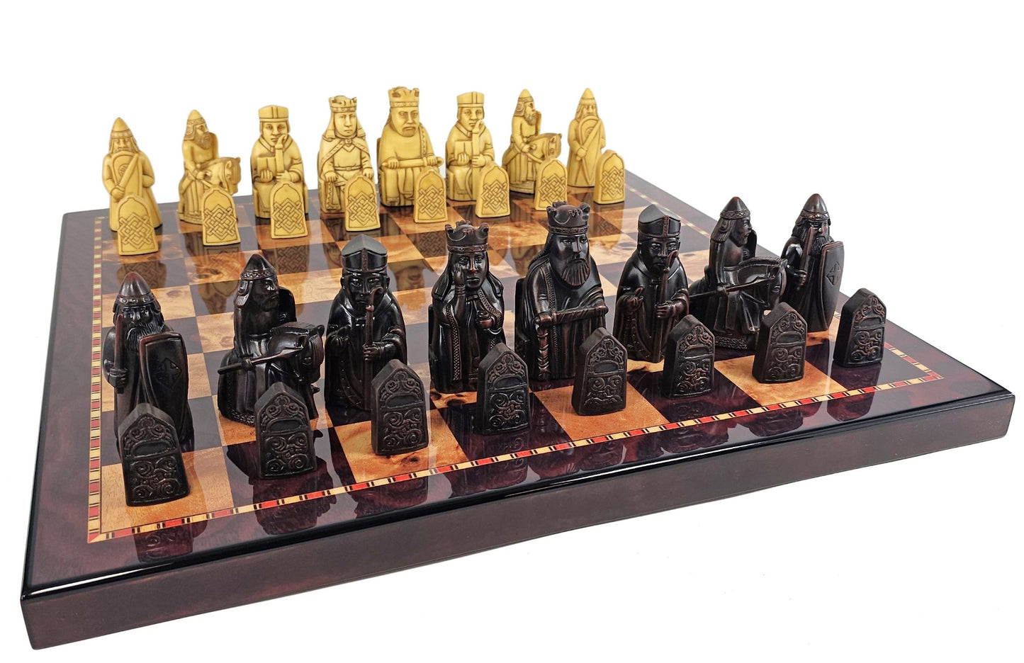 Large Isle of Lewis Chess Set 3 1/4" King with 18" Cherry Color Board